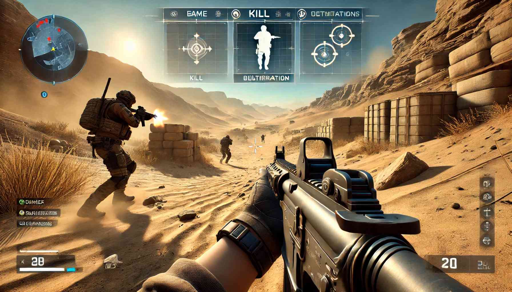 DALL·E 2024-11-21 12.49.54 - A first-person shooter game scene set in a desert environment. The perspective is from the player holding a weapon, with enemy characters in the dista